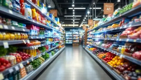Realistic uk grocery store aisle with subtle digital ai elements consumer engagement