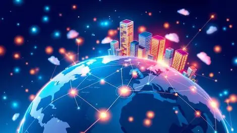 Illustration globe startup offices different continents connected bright lines global collaboration ai