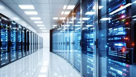 Realistic photo secured modern data center servers behind glass clean safe room