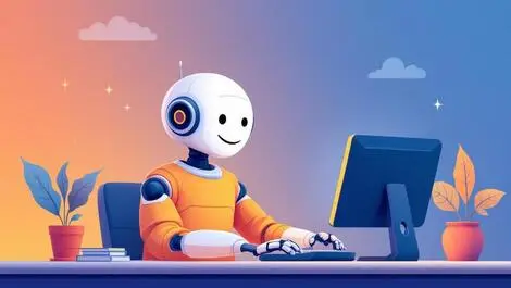 Friendly robot assisting person computer ai customer support automation