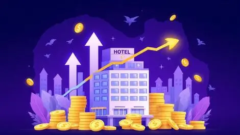 Hotel building with upward arrows coins map southeast asia revenue increase