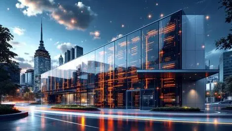 Realistic modern data centre building bright network cables fibre connectivity auckland