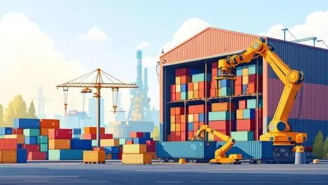 Modern steel factory robotic arms organizing shipping containers european industry