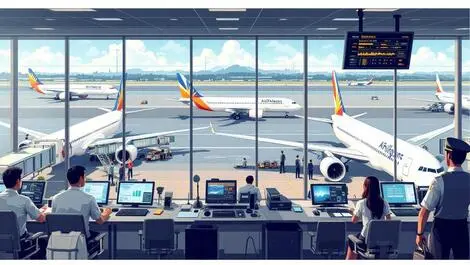 Realistic illustration modern passenger airplanes airport philippines air traffic controllers