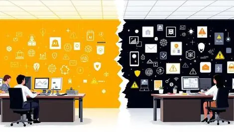 Illustration busy office employees computers separation ai security icons barrier gap