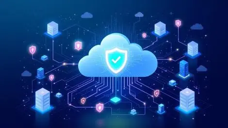 Cloud environment digital security shields flowing connections servers devices