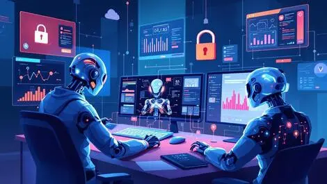 Ai powered digital figures assisting human cybersecurity analysts at monitors