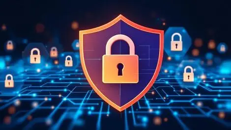 Locked shield overlapping digital network lines padlocks cybersecurity protection