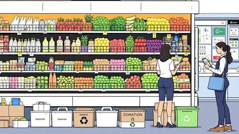 Supermarket shelves fresh produce staff checking digital device donation crates recycling bins