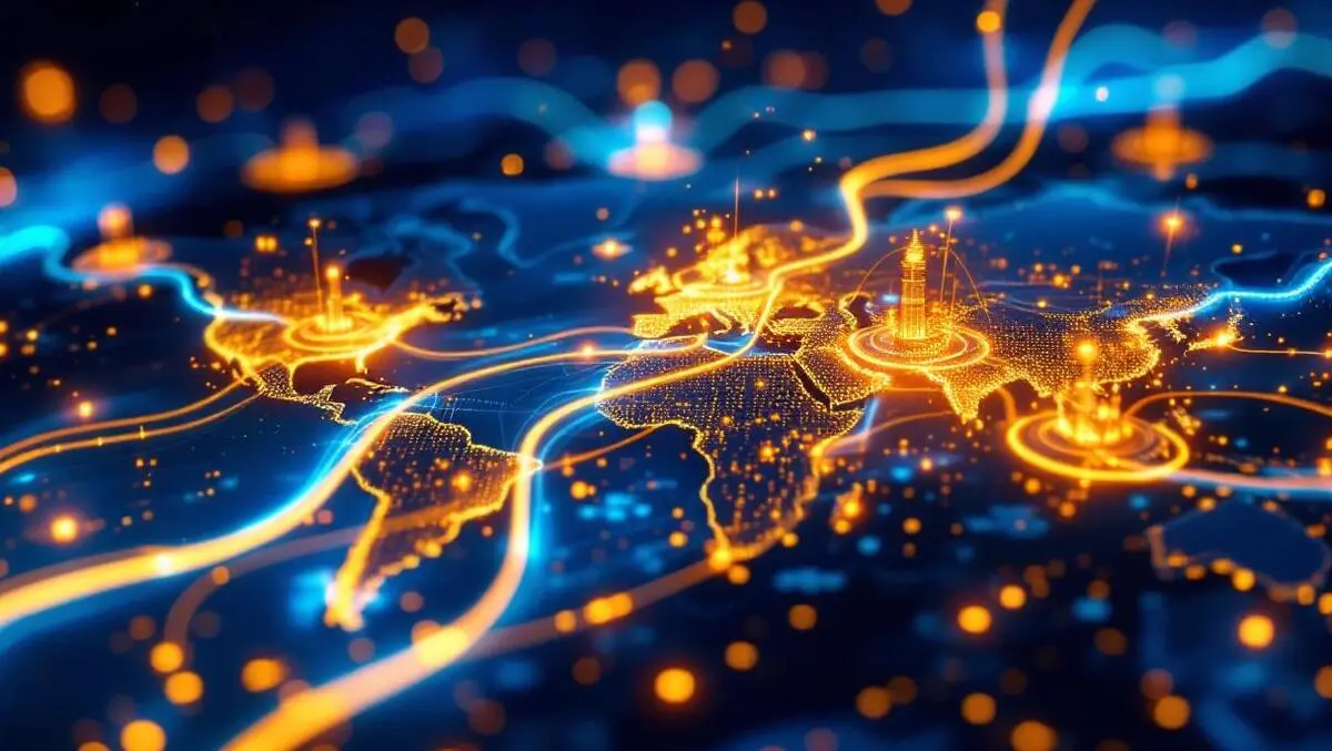 Glowing data cable connecting japan and germany tokyo to frankfurt