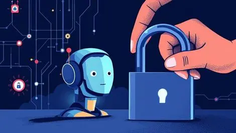 Illustration lock opening revealing robotic brain ai security vulnerabilities