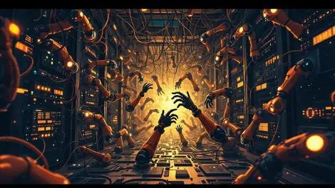 Illustration crowded tangled web server room robotic arms automated bots