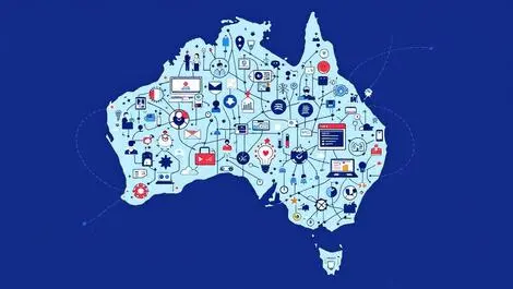Illustrated map australia interconnected icons marketing it professions ai infographic
