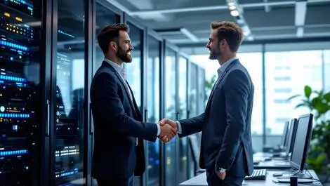 Modern office it support businessmen shaking hands data servers partnership