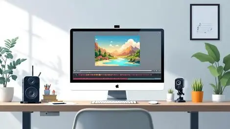 Realistic illustration computer screen photo to animated video ai audio workspace
