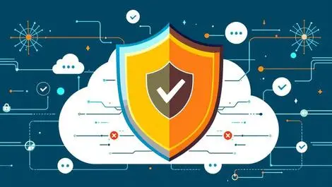 Shield symbol integrated with cloud network elements secure cloud software protection cyber threat detection blocking