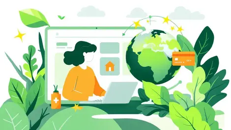 Eco friendly online payments person shopping laptop credit card globe leaf