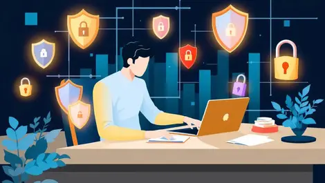 Realistic office workspace person using laptop with floating shields locks symbolizing data security