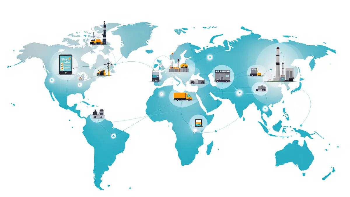 Illustration interconnected smart devices sensors vehicles industrial machines global iot connectivity