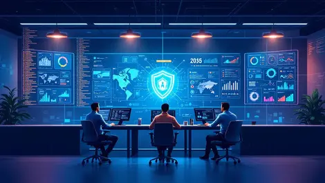 Modern security operations center analysts monitoring ai threat maps teamwork