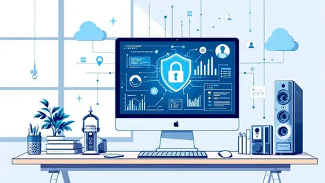 Modern office workspace computer security charts code tech gadgets cybersecurity vector illustration