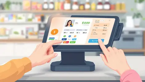 Realistic modern digital checkout terminal customer hand touchscreen payment options