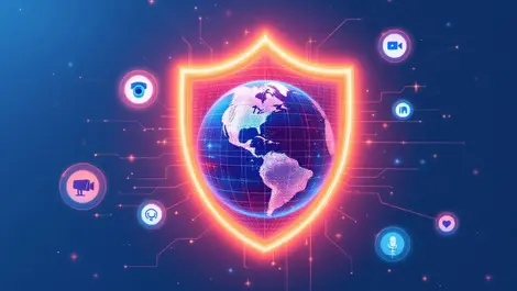 Digital shield glowing globe media icons cyber protection data streams