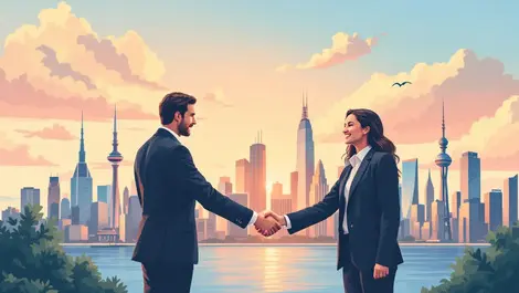 Realistic handshake business professionals irish american cityscapes tech acquisition