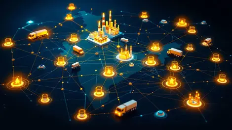 India factories trucks network cyber breaches glowing spots illustration