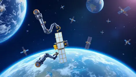 Robotic arms repairing satellite low earth orbit earth background