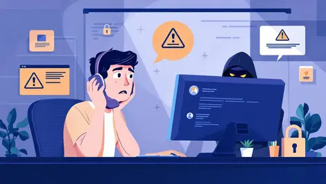 It help desk worker on phone attacker behind computer security warnings locks