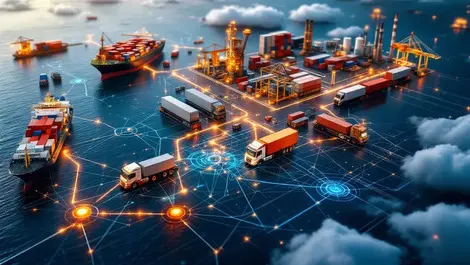 Realistic illustration supply chain cargo ships trucks factories digital network connections cyberattack disruption
