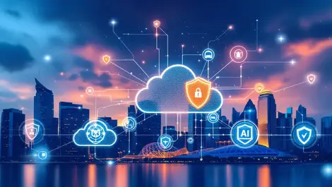 Secure digital network interconnected cloud ai shield icons modern singapore cityscape