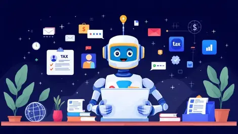 Digital assistant friendly robot helping businesspeople organize tax documents globe icons finance