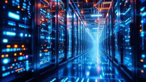 Realistic modern data center network servers glowing blue cables connectivity