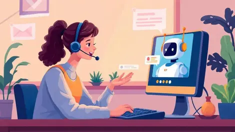 Uk customer service representative collaborating with chatbot in modern office