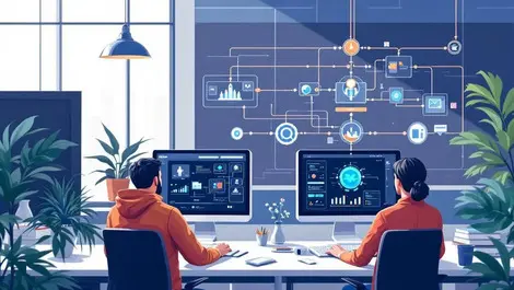 Modern office employees working computers automated processes digital workflows integration efficiency