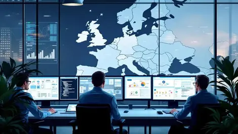 Professional european it technicians monitoring networked computer screens emea maps