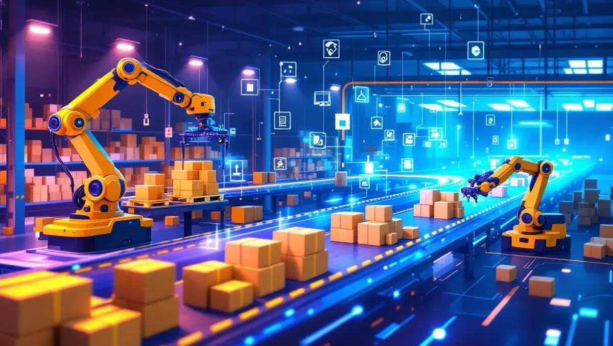 Modern industrial warehouse robotic arms automated conveyor iot sensors supply chain