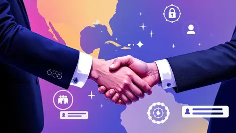 Businesspeople shaking hands over latin america caribbean security access control icons