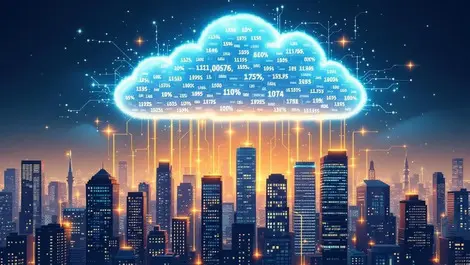 Cloud data streams numbers above financial institutions city skyline glowing lines