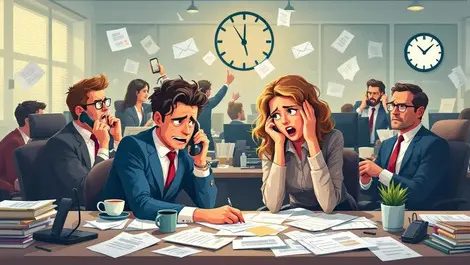 Busy uk office employees frustrated interrupted by calls emails papers scattered clock time passing