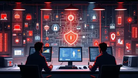 Detailed iot network room high risk devices red highlighted security monitors