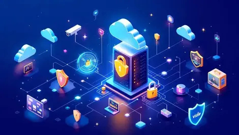 Secure server room cloud icons surveillance cameras digital locks video feeds shield