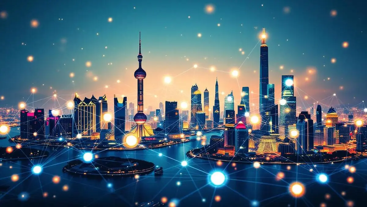 Shanghai skyline modern skyscrapers glowing network connected nodes illustration