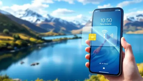 Modern smartphone mobile signal icon translucent sim card new zealand landscape digital illustration