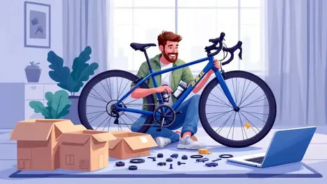 Happy online shopper assembling bicycle at home with laptop and parts
