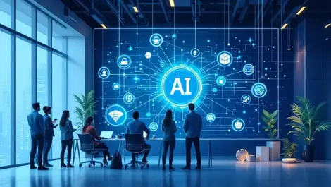 Business professionals collaborating ai network digital interface modern office