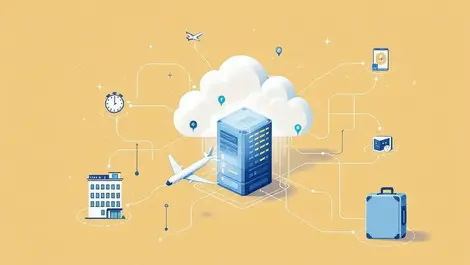 Cloud server connecting airplane hotel suitcase digital transformation travel