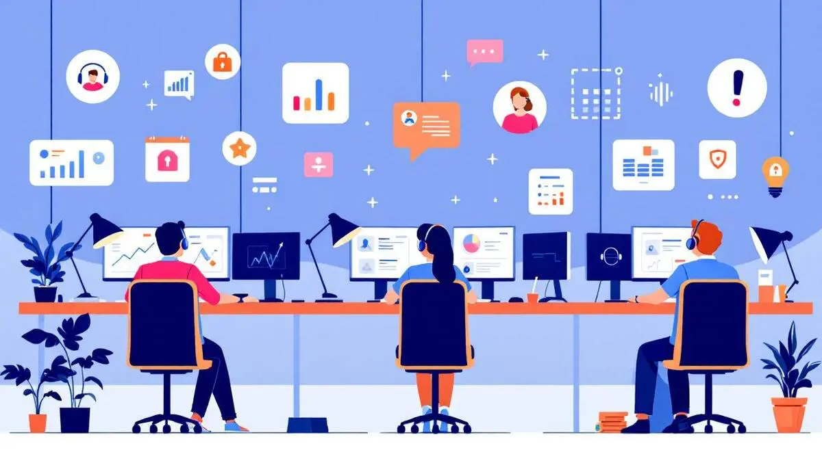 Business contact centre employees working computer video calls analytics security